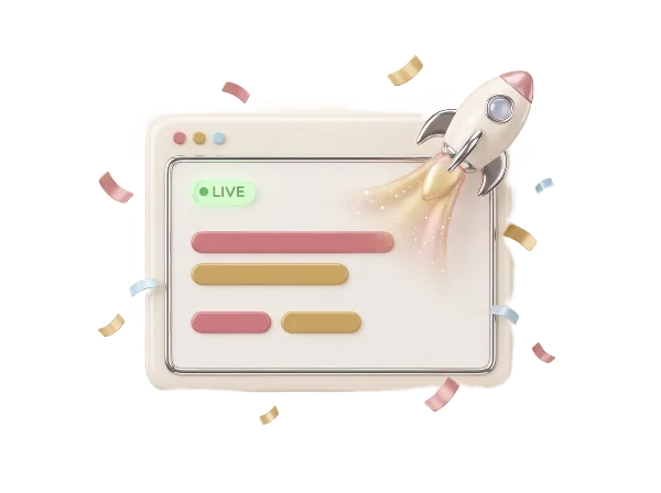 Illustration of a browser window with a LIVE badge and a rocket